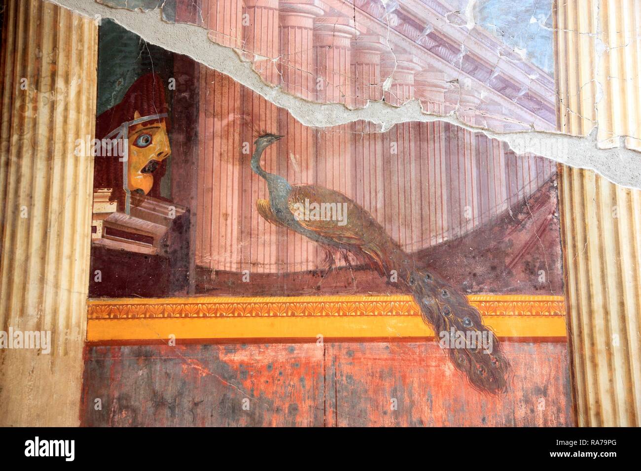 Villa of Poppea, tragic mask and peacock, remains of frescoes, historical town of Oplontis, now Torre Annunziata, Campania Stock Photo