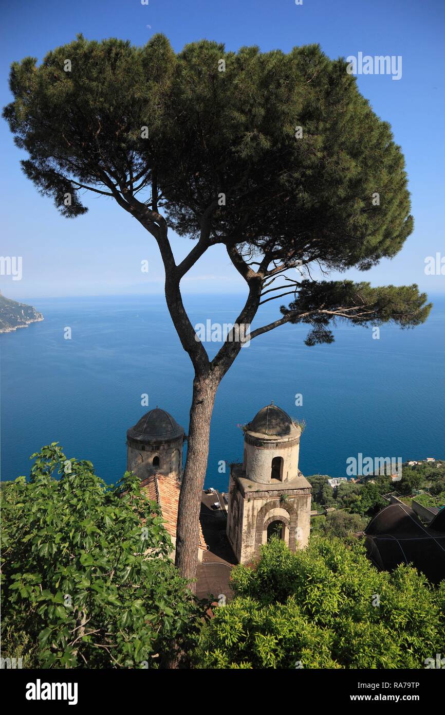 View from Villa Rufolo to the Gulf of Salerno and the spires of the church Chiesa dell'Annunziata, Ravello, Campania, Italy Stock Photo