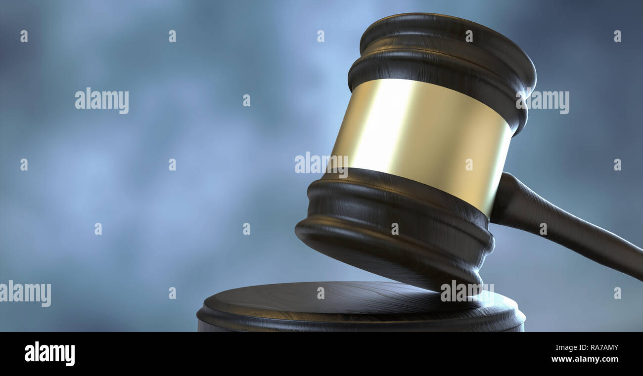 Wooden judge gavel and dramatic cloudy sky background. Hammer with golden detail. Concepts of Law and Legal services. Close up, 3D Rendering Stock Photo