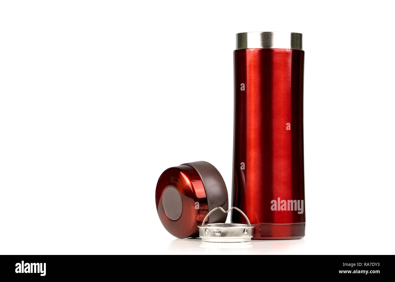 Red thermos bottle opened cap isolated on white background. Coffee or