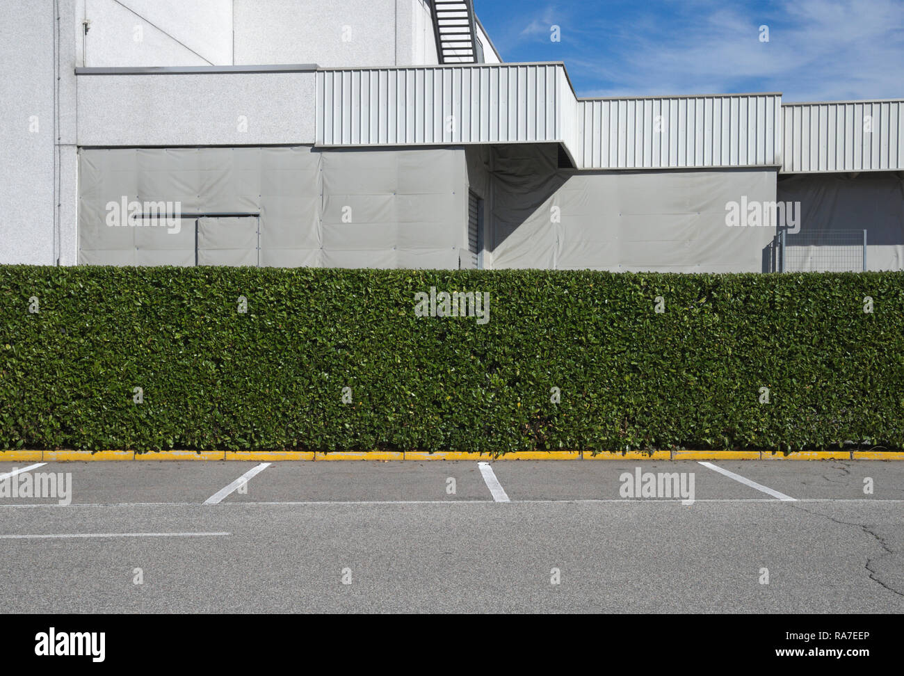 parking lot with hedge by a shopping mall Stock Photo Alamy