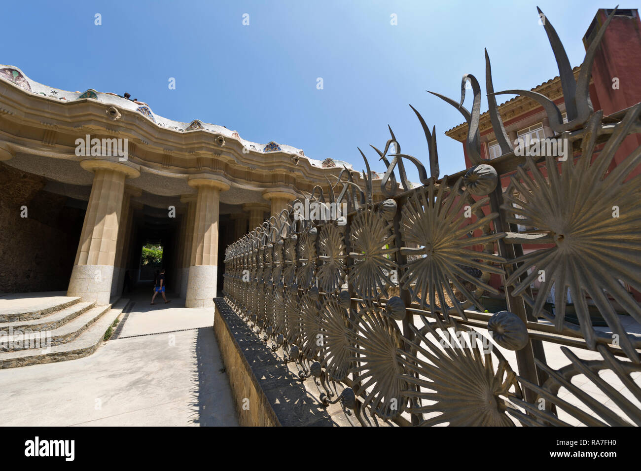 Leafy design steel railings leading to the Hypostyle room with columns ...