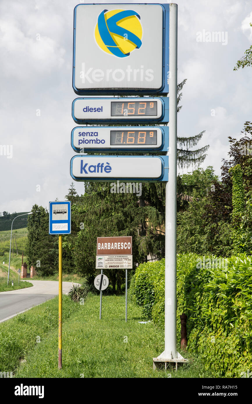 A Kerotris gas station sign on the side of the road near the town of Barbaresco in Northern Italy Stock Photo