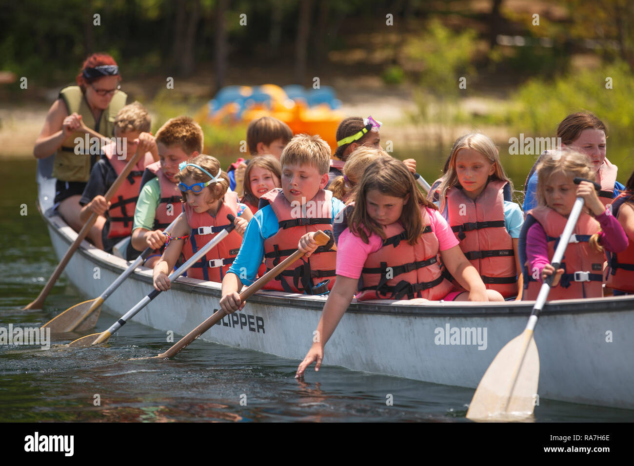 Many young children wearing life preservers fill a large canoe that paddles in a lake during their summer camp. Stock Photo