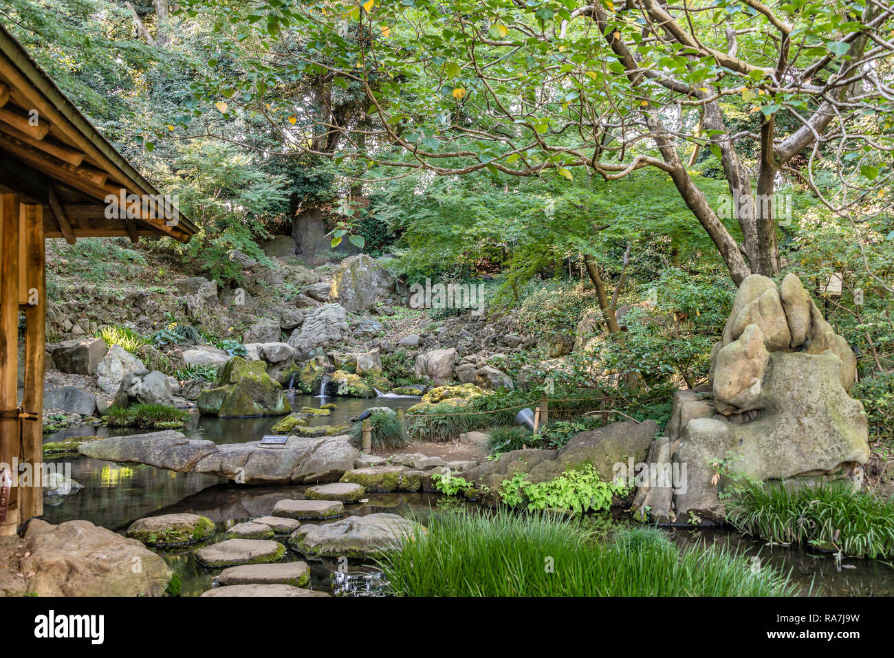 Mizuwakeshi garden and TakimiChaya tea house at Rikugien Gardens, Tokyo, Japan Stock Photo