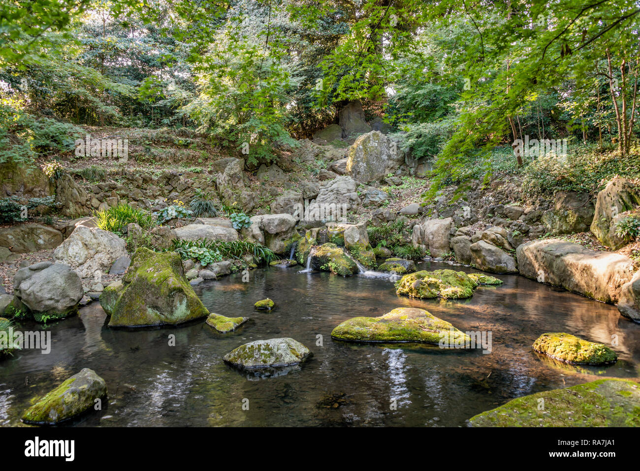 Mizuwakeshi garden and TakimiChaya tea house at Rikugien Gardens, Tokyo, Japan Stock Photo