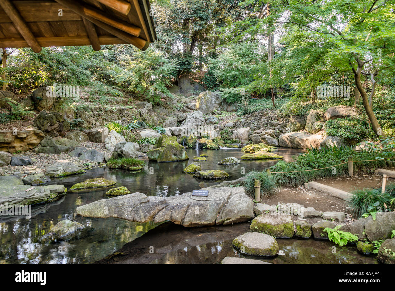 Mizuwakeshi garden and TakimiChaya tea house at Rikugien Gardens, Tokyo, Japan Stock Photo