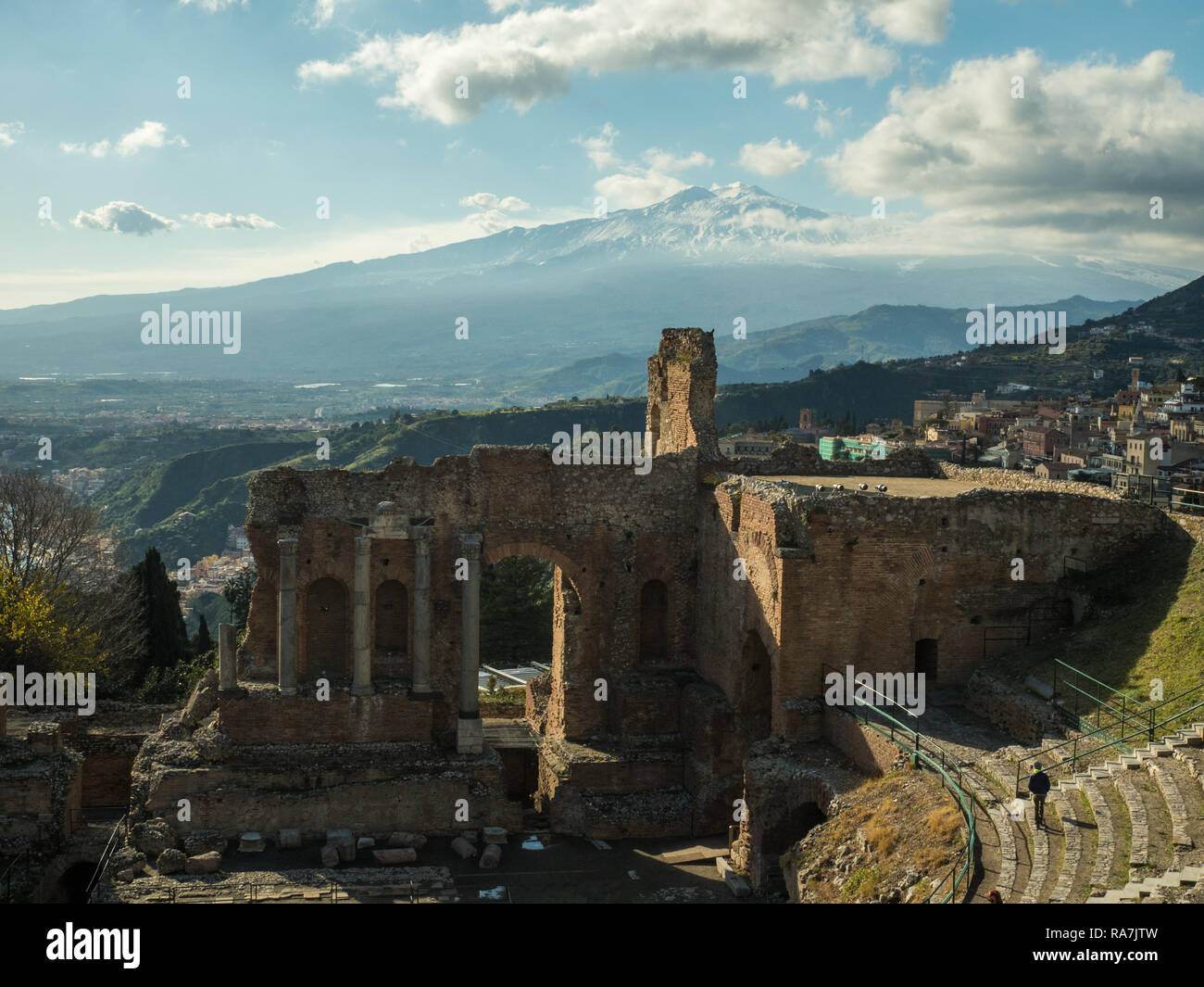 View from the Theatre in Taormina towards Mount Etna, Province of Messina, Sicily, Italy Stock Photo