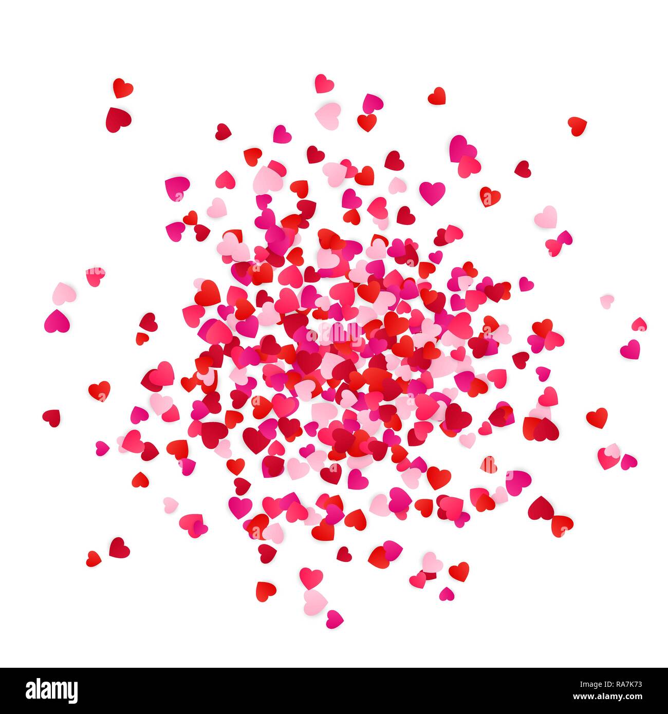 Red and pink scatter paper hearts confetti isolated on white background. Romantic holiday decorative element. Vector illustration Stock Vector