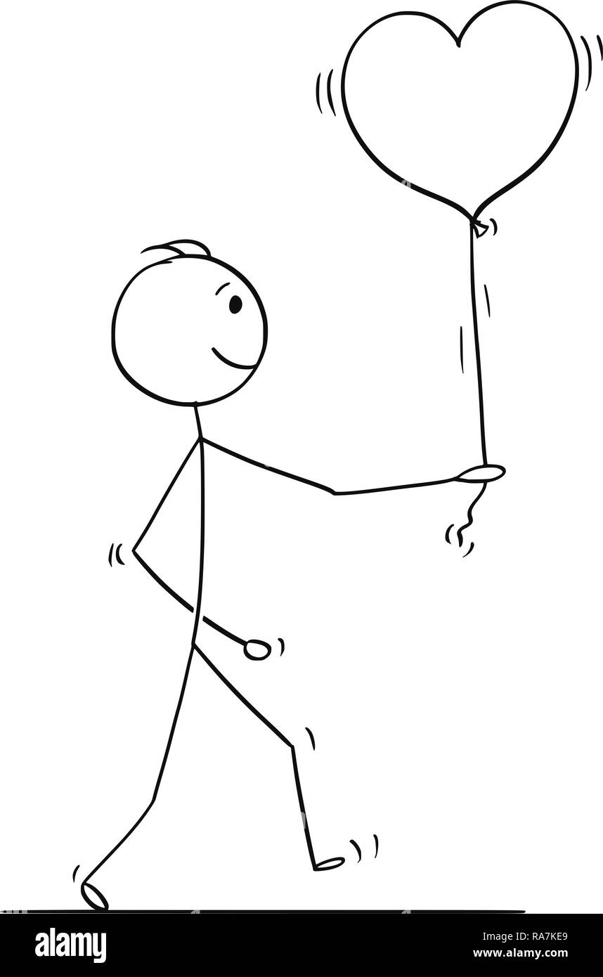 Stick Character Cartoon of Loving Man Walking With Balloon Heart Stock Vector