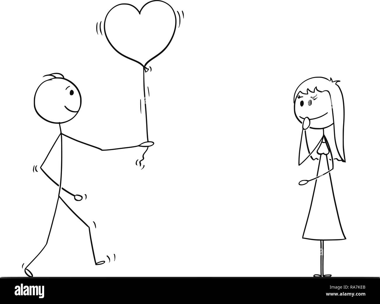 Stick Character Cartoon of Loving Man or Boy Giving Balloon Heart to Woman or Girl on Date Stock Vector