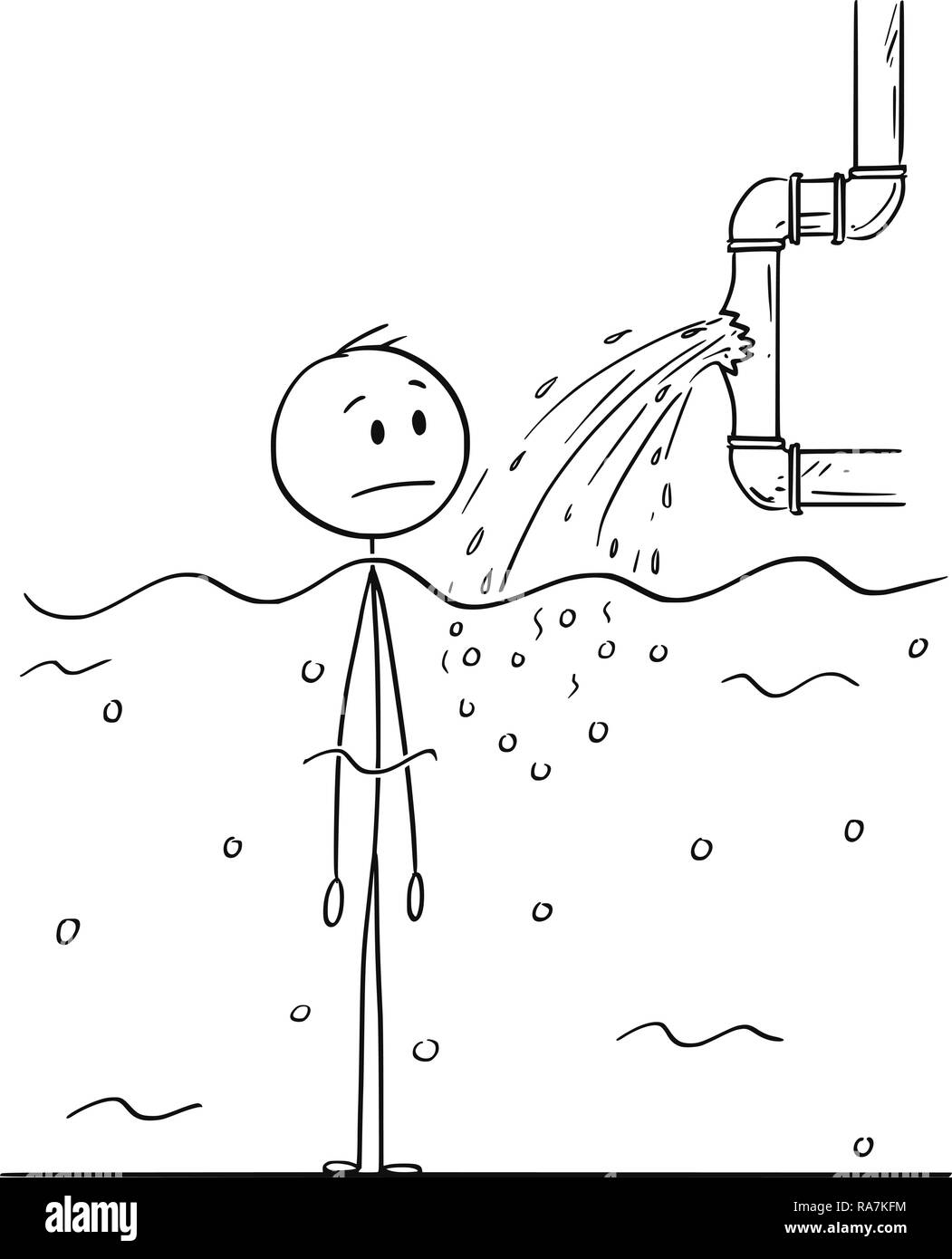 Stick Character Cartoon of Man or Businessman Watching Broken Water Pipe Stock Vector