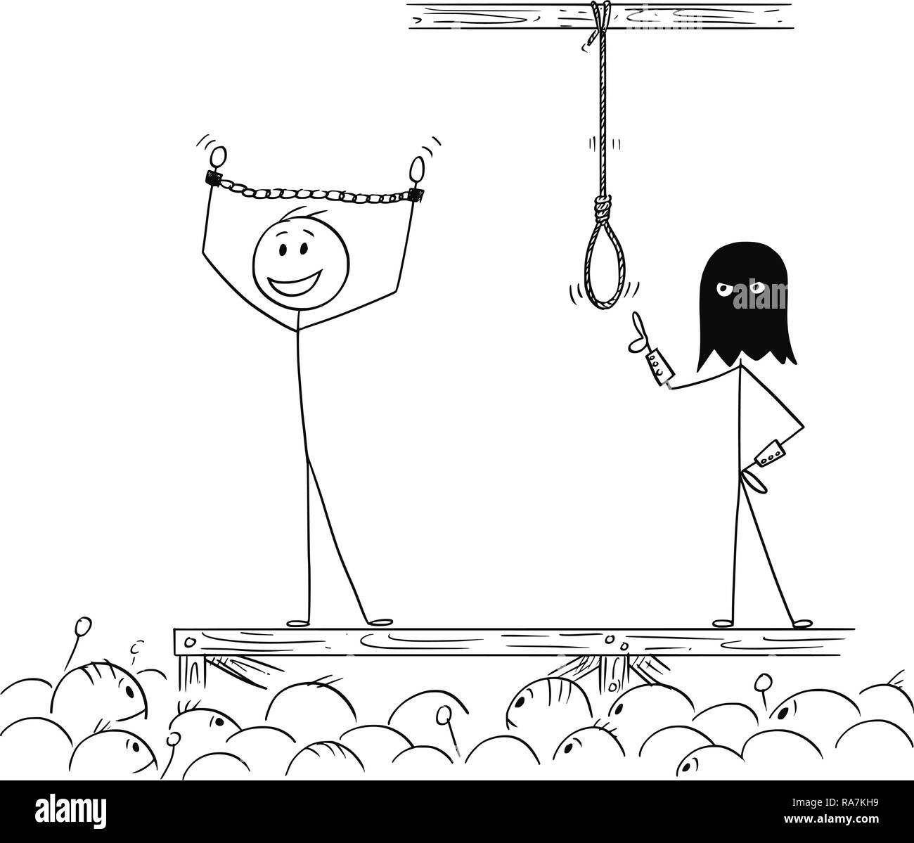 Cartoon of Man Enjoying the Crowd While Waiting On His Own Execution Stock Vector