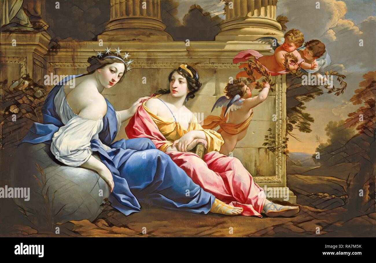 Simon Vouet and Studio, French (1590-1649), The Muses Urania and Calliope, c. 1634, oil on panel. Reimagined Stock Photo