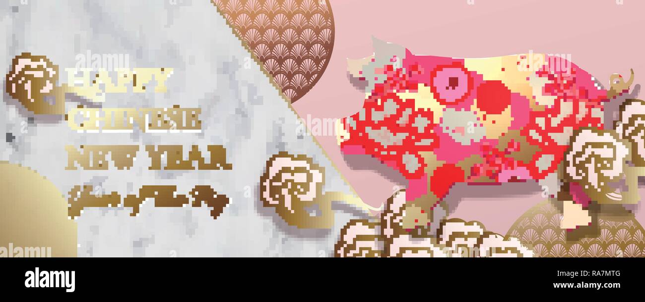 Lunar Year Banner Design With Floral Piggy On Marble Stone