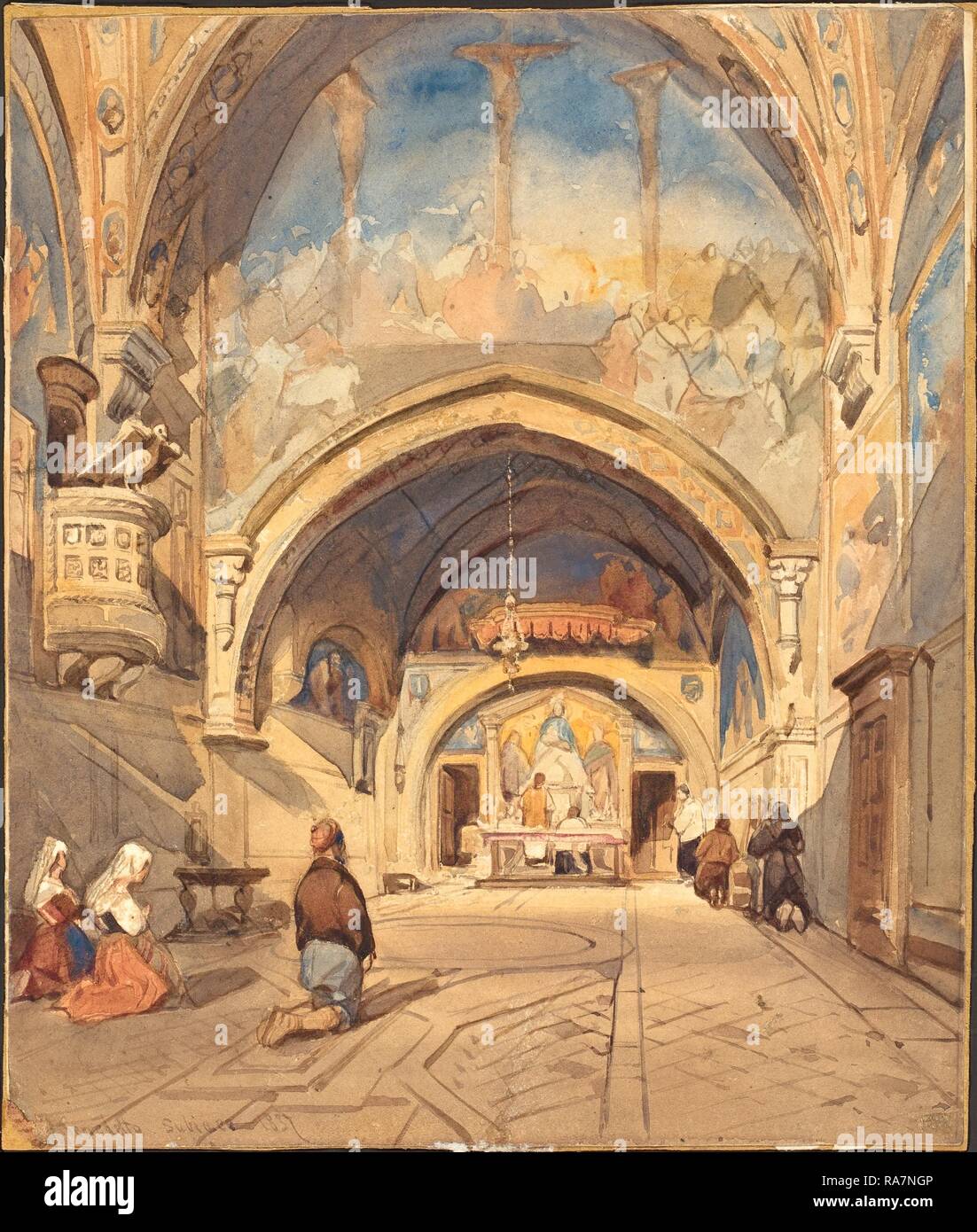 David Roberts (Scottish, 1796-1864), The Interior of the Church of San Benedetto, 1837, watercolor over graphite with reimagined Stock Photo