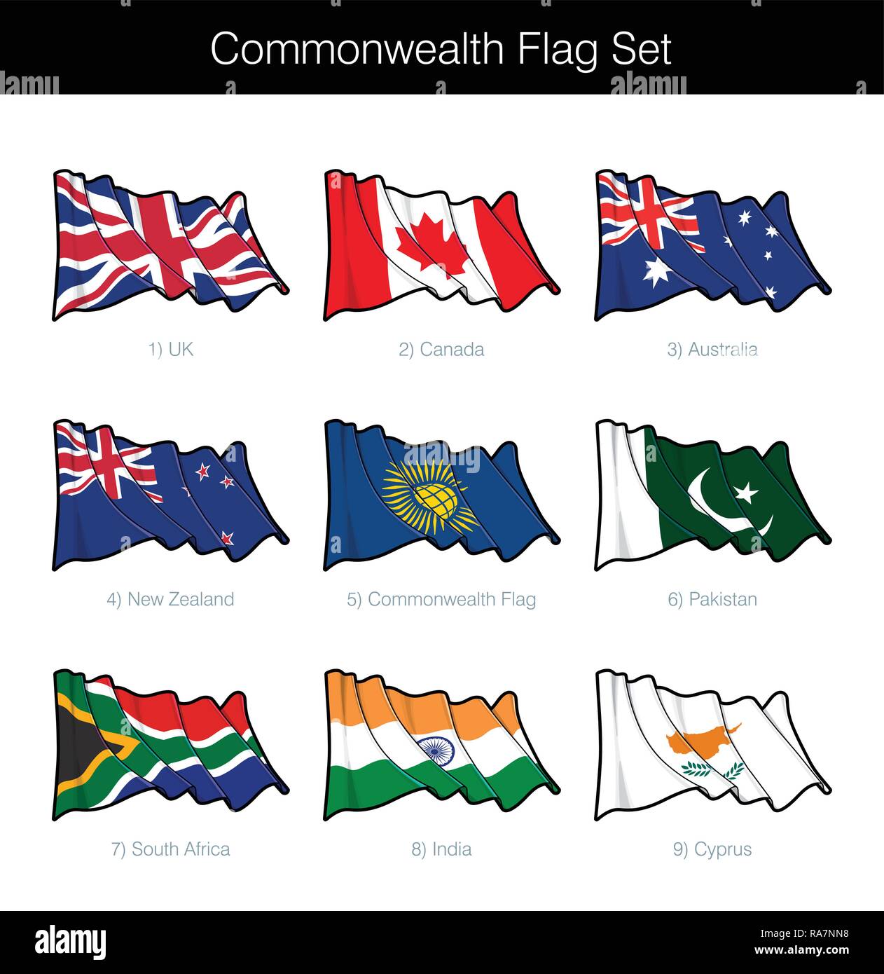 Commonwealth Waving Flag Set. The set includes the flags of UK, Canada, Australia, New Zealand, Pakistan, India, South Africa, Cyprus and the Commonwe Stock Vector