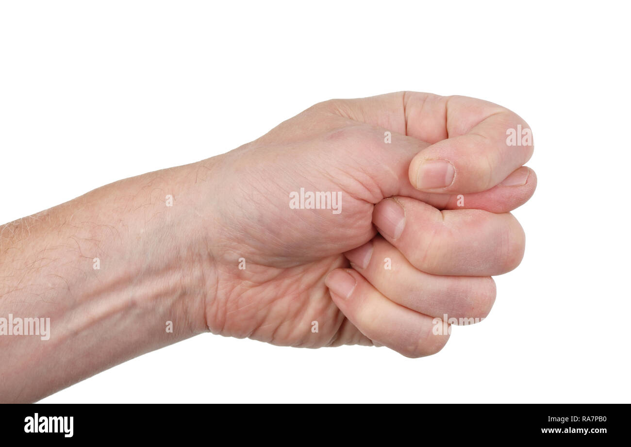 Fico  sign- fist with a thumb, stuck between the index and middle in a sign of contempt and  mockery. Isolated on white studio macro shot Stock Photo