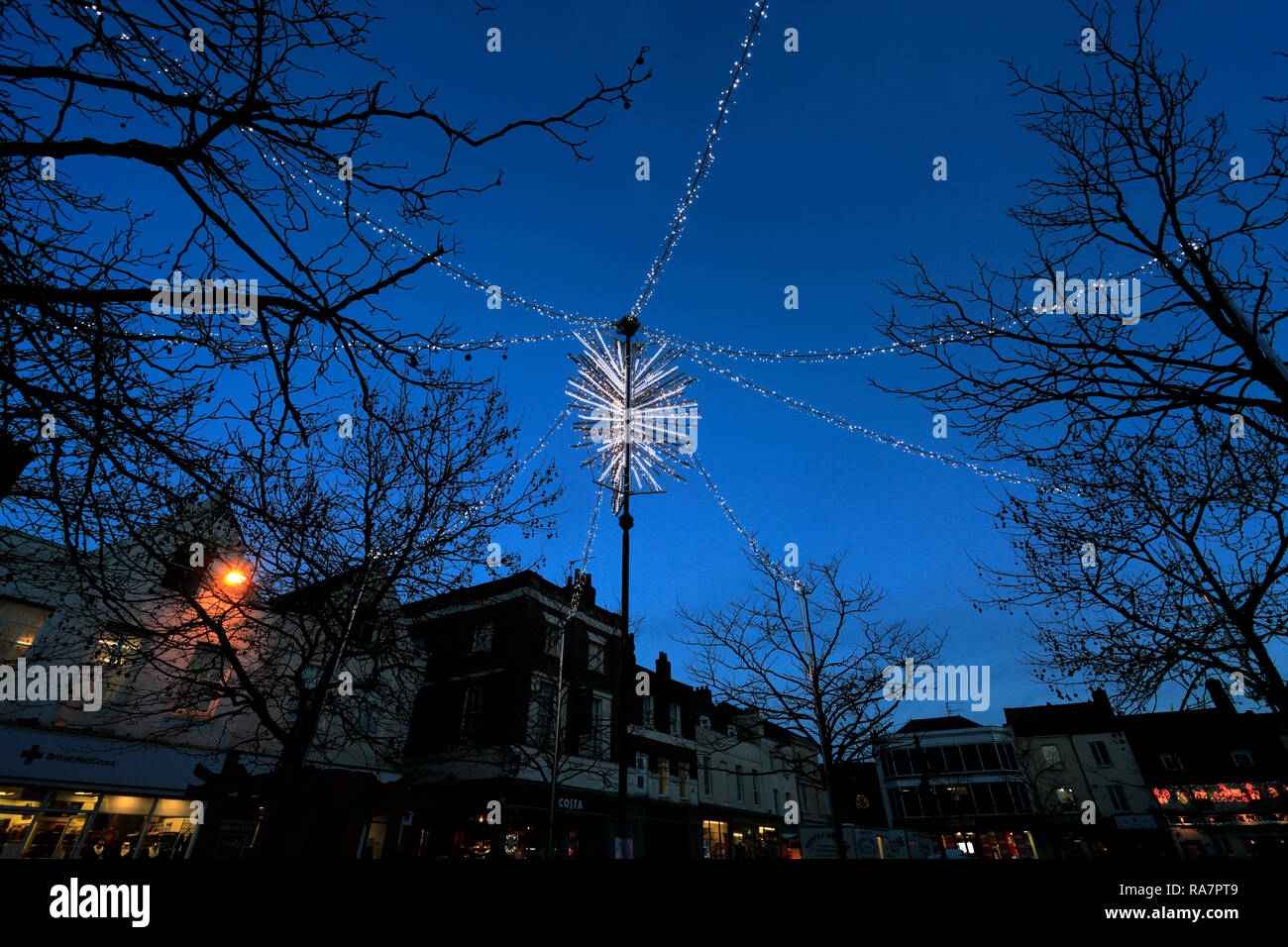 Christmas lights in Wisbech town, Fenland, Cambridgeshire, England; UK Stock Photo Alamy