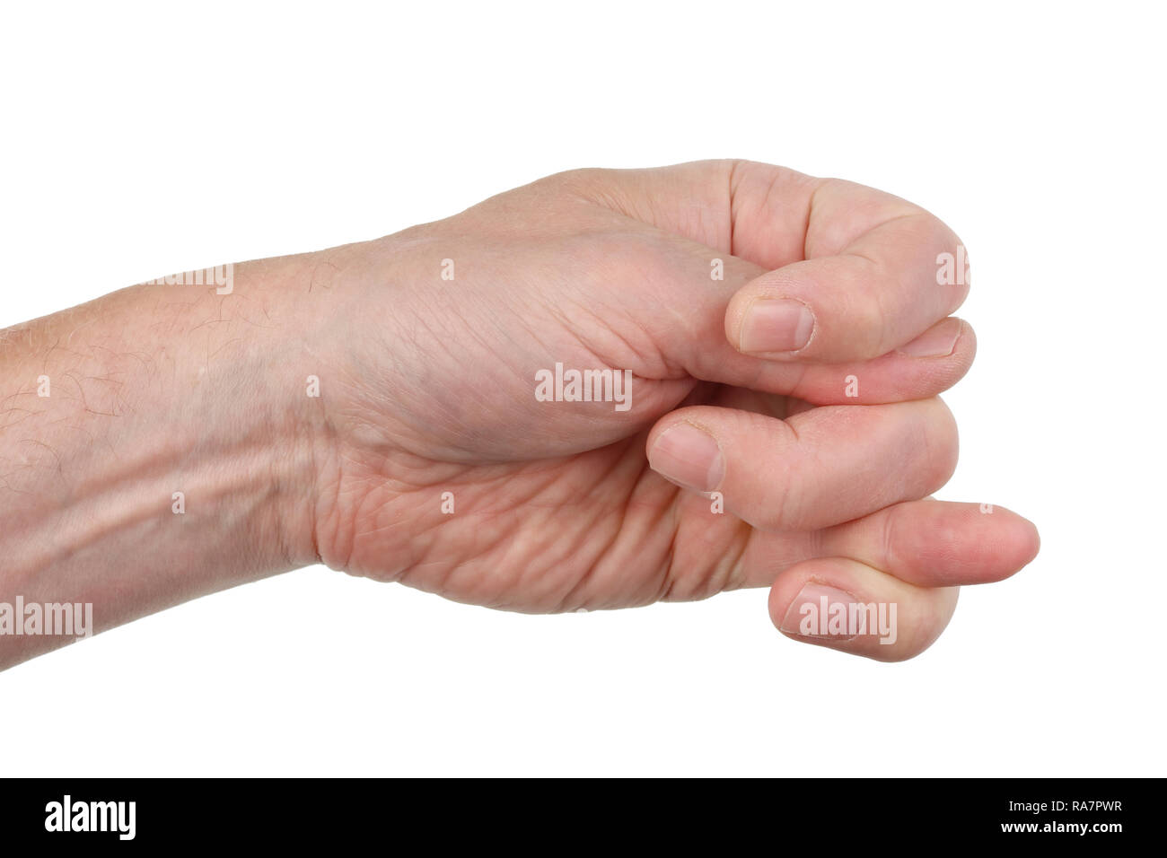 Old man show double fico  sign- fist with a thumb, stuck between the index and middle in a sign of contempt and  mockery. Isolated on white studio mac Stock Photo