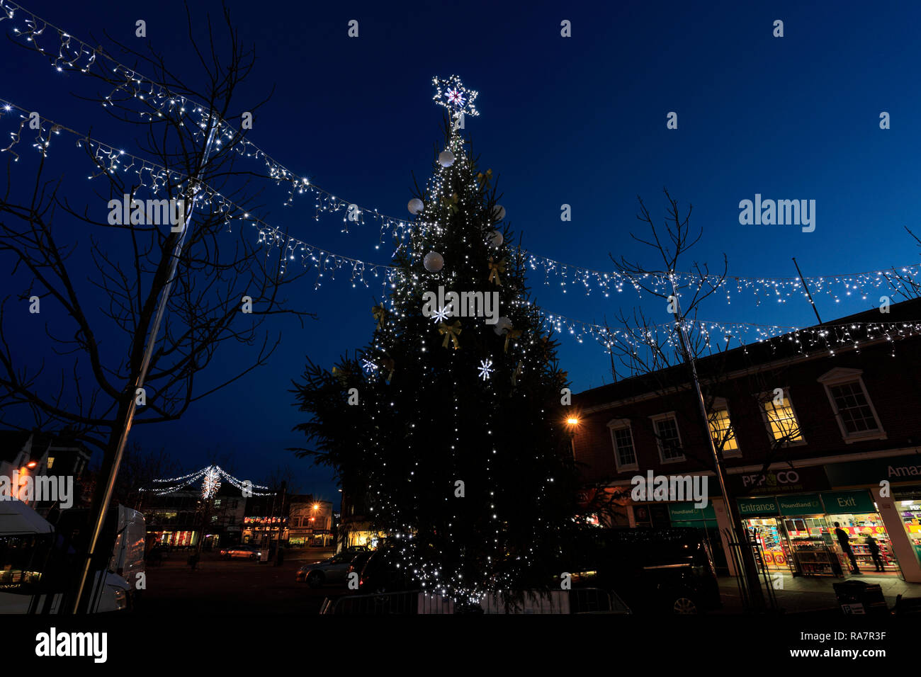 Christmas lights in Wisbech town, Fenland, Cambridgeshire, England; UK Stock Photo Alamy