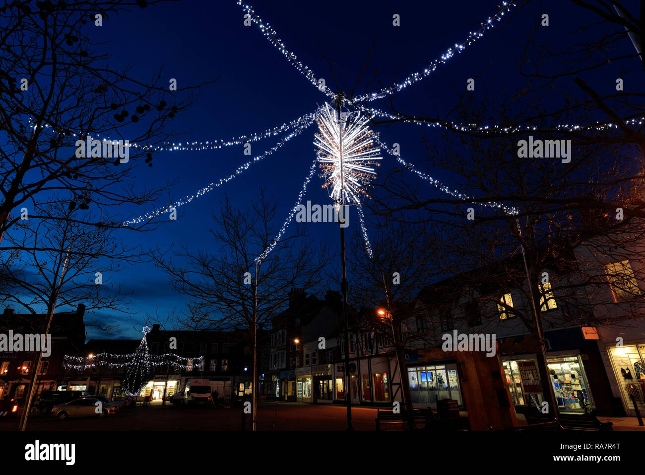 Christmas lights in Wisbech town, Fenland, Cambridgeshire, England; UK Stock Photo Alamy