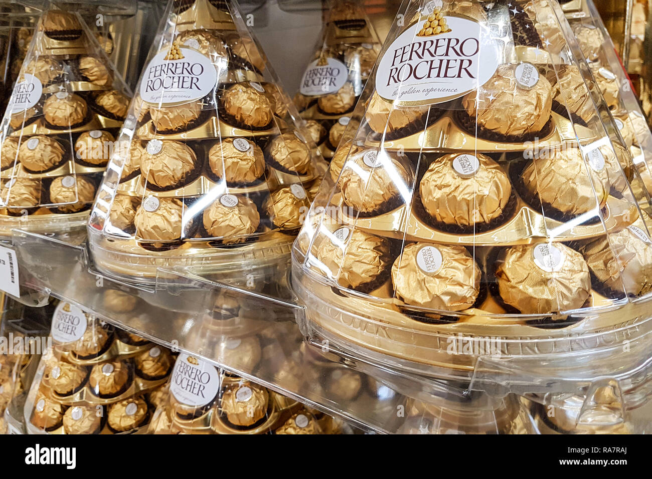 Nowy Sacz, Poland - December 07, 2018 : Ferrero Rocher premium chocolate on  store shelf for sale in supermarket. Ferrero Rocher is a famous Italian  Stock Photo - Alamy