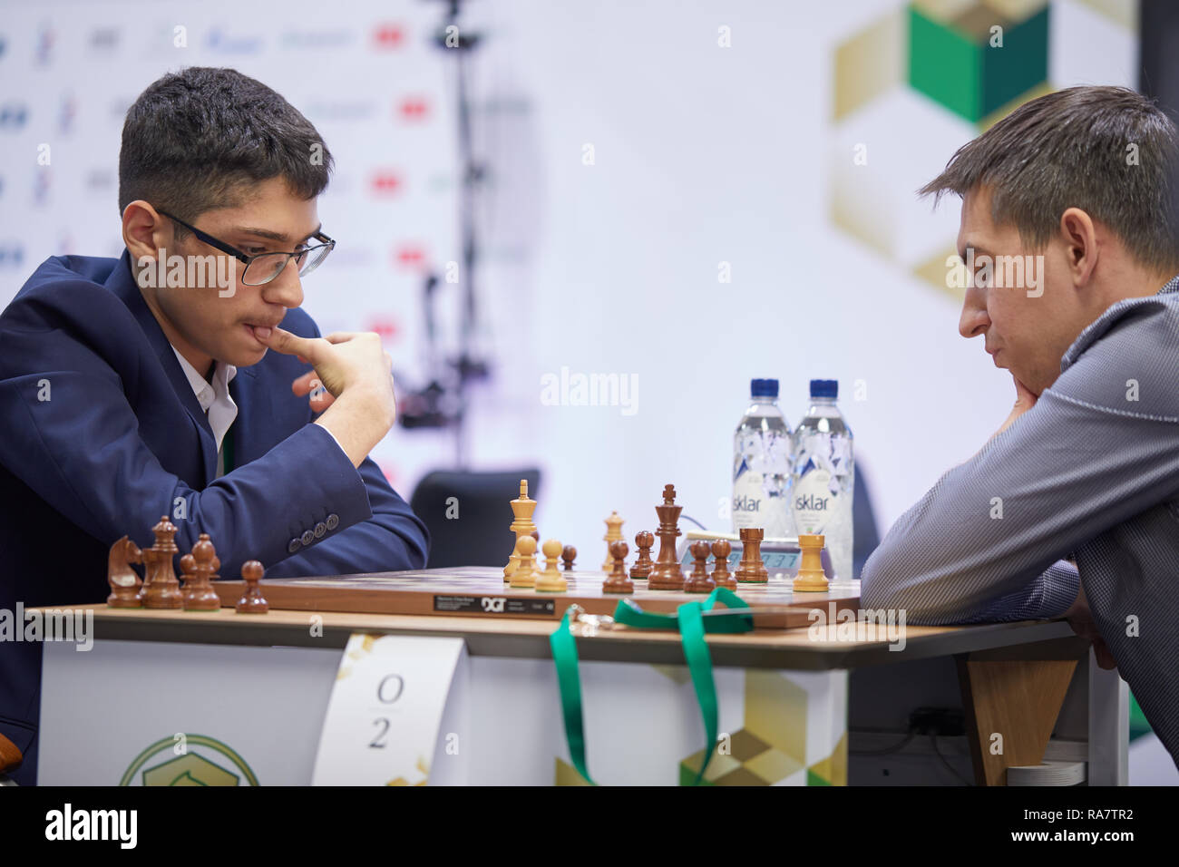 St. Petersburg, Russia - December 30, 2018: Grandmaster Alireza Firouzja,  Iran (right) during King Salman World Blitz Chess Championship 2018.  Eventua Stock Photo - Alamy