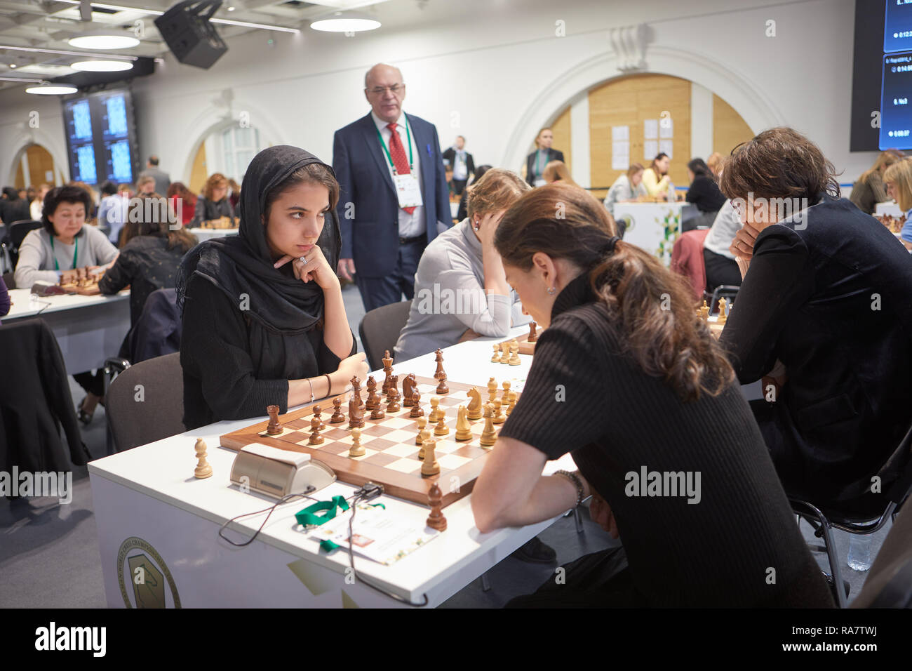 St. Petersburg, Russia - December 27, 2018: Match Sarasadat Khademalsharieh, Iran (left) vs Ex-World Champion Alexandra Kosteniuk, Russia during King  Stock Photo