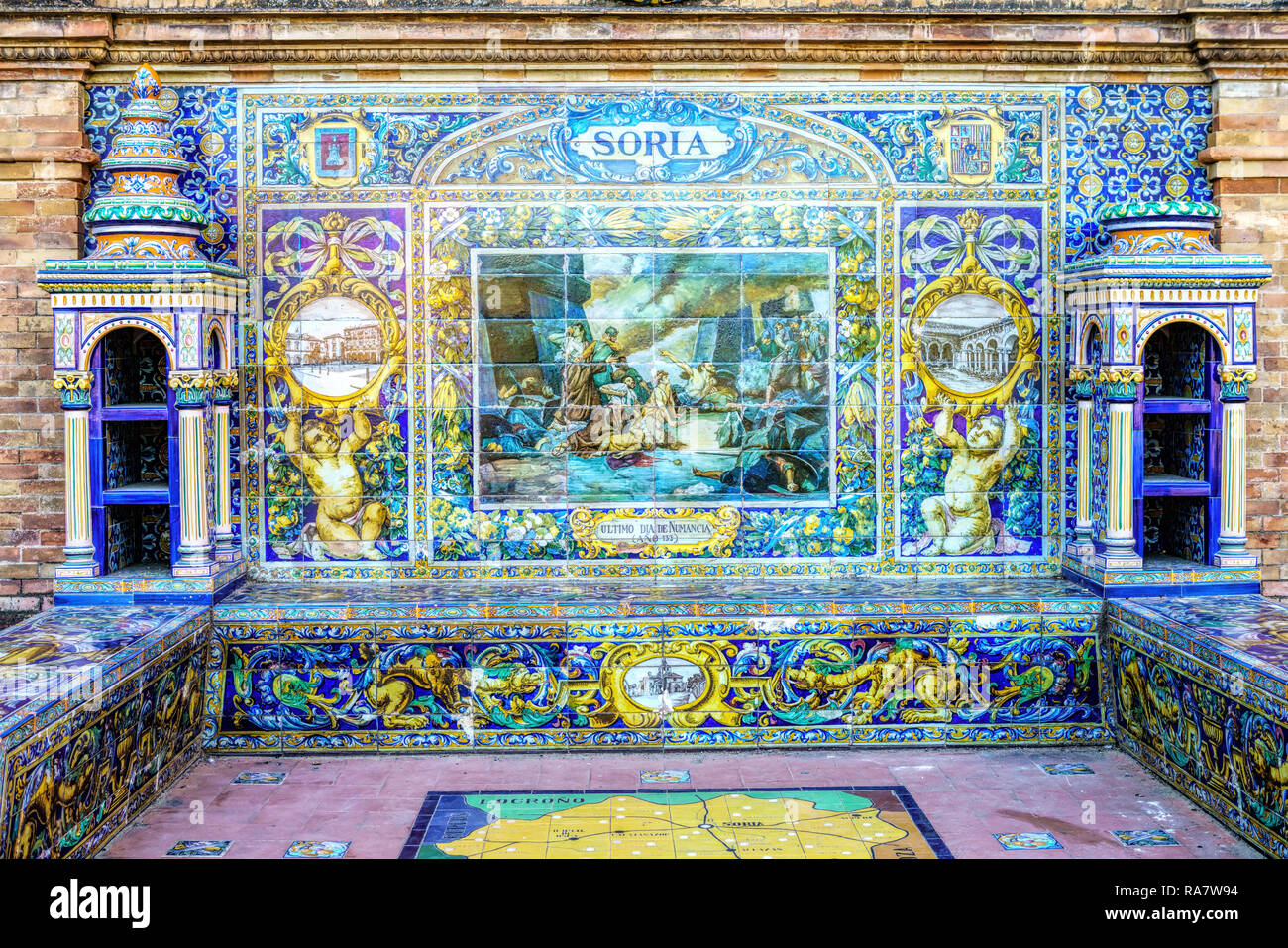 Traditional Spanish tile ornament at a public square Plaza de Espana in