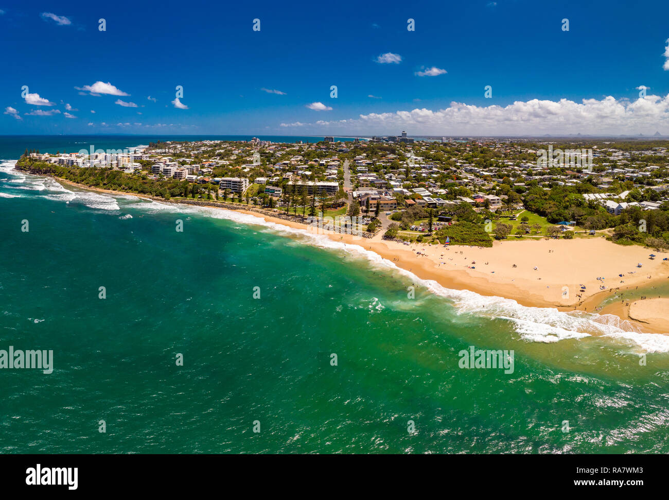 Aerial panoramic images of Dicky Beach, Caloundra, Queensland, Australia Stock Photo