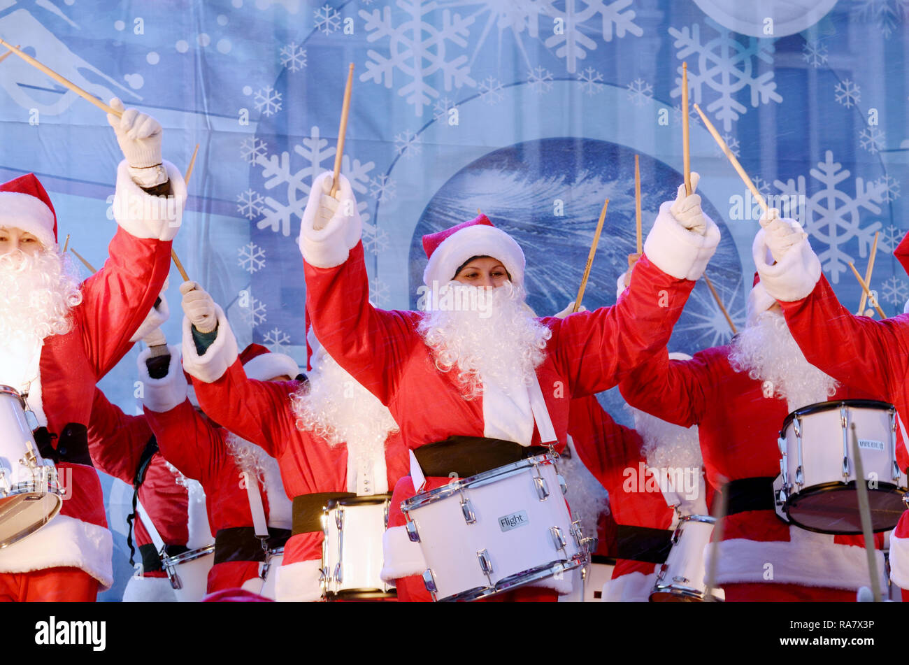 Santa Performance Saint-Petersburg.Russia.December.22.2018.Musicians in the form of Santa ...