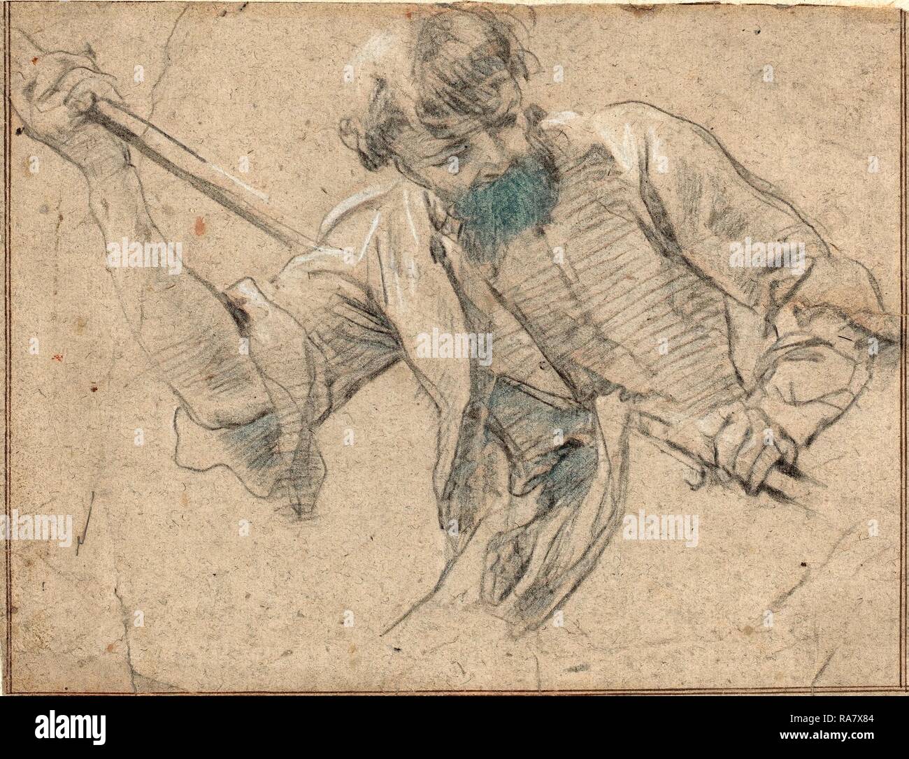 Attributed to Simon Vouet (French, 1590 - 1649), A Bearded Man with a Staff, black chalk and graphite, heightened reimagined Stock Photo