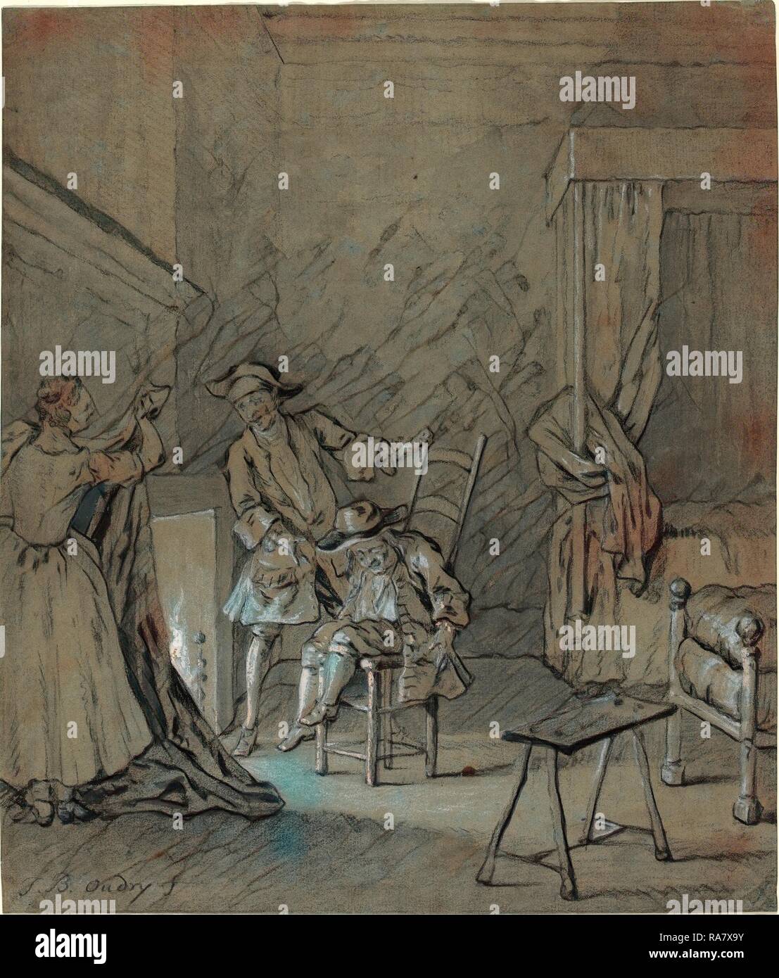 Jean-Baptiste Oudry (French, 1686 - 1755), Ragotin enivré par La Rancune, 1726-1727, black and white chalk heightened reimagined Stock Photo