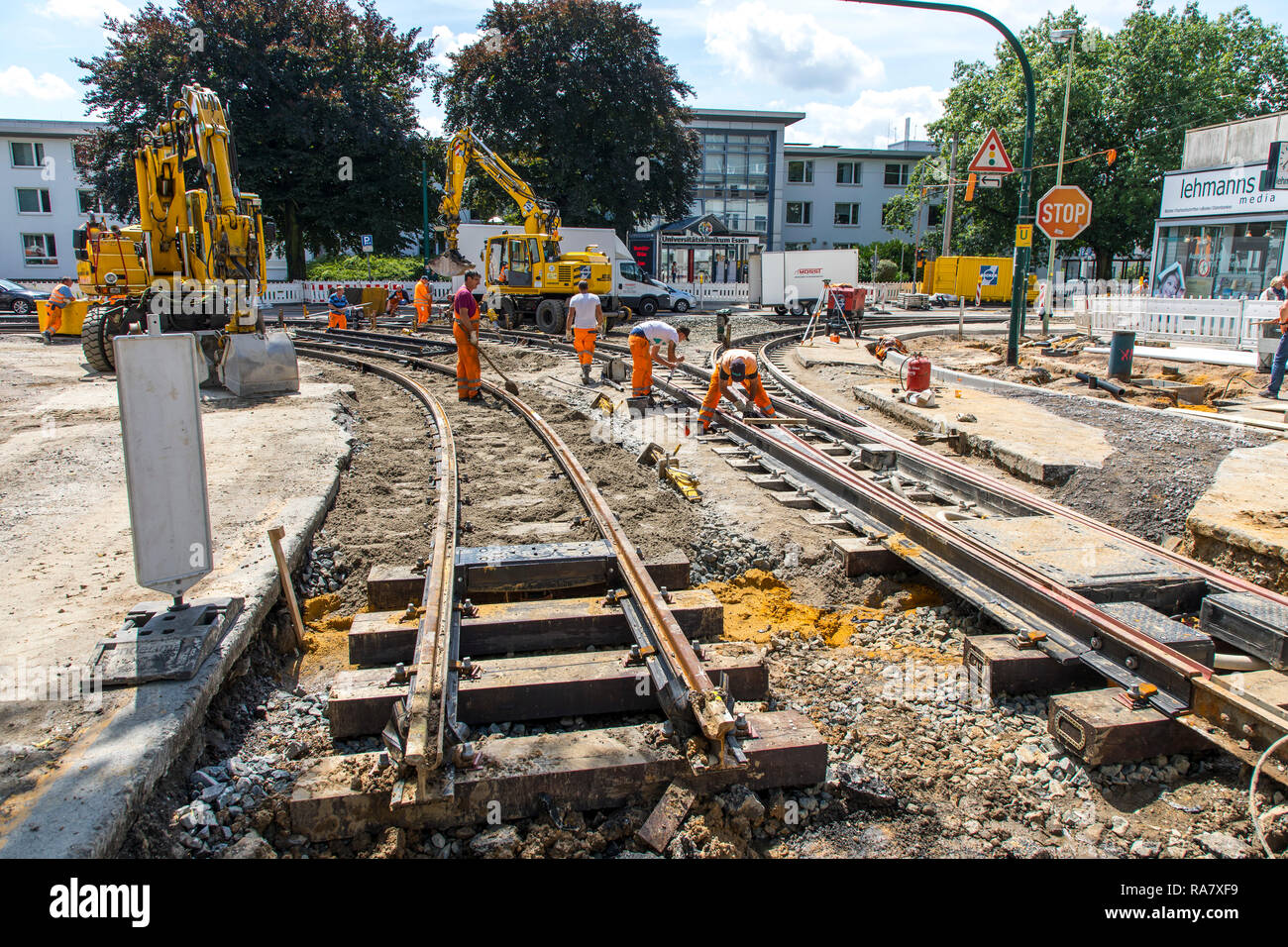 Construction work on tram rails, new construction, renovation of tram railway tracks, Essen