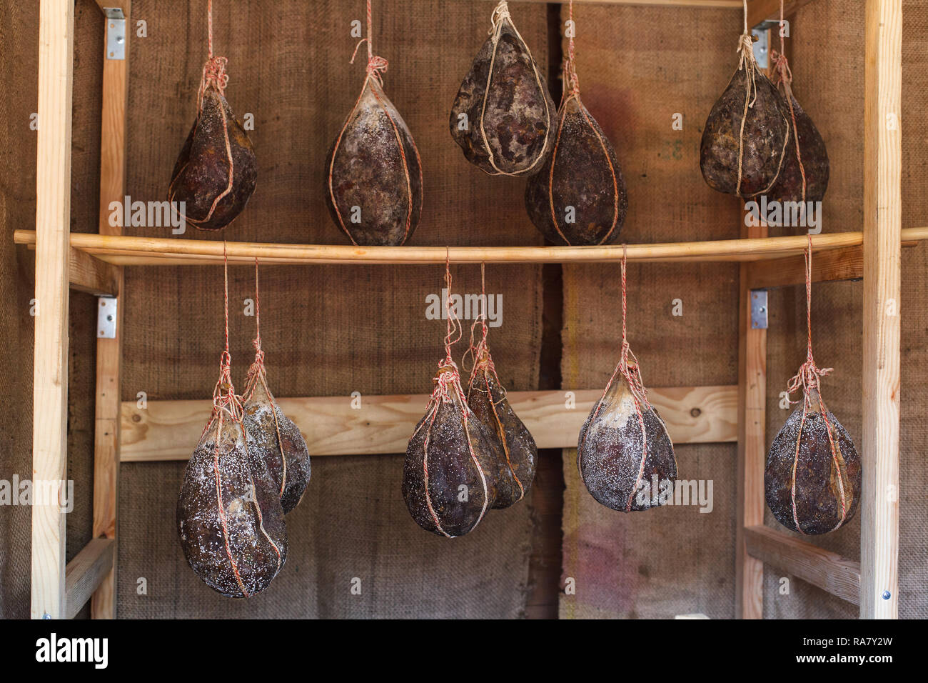 Dry cured pork meat in the open air. Gastronomic products for gourme