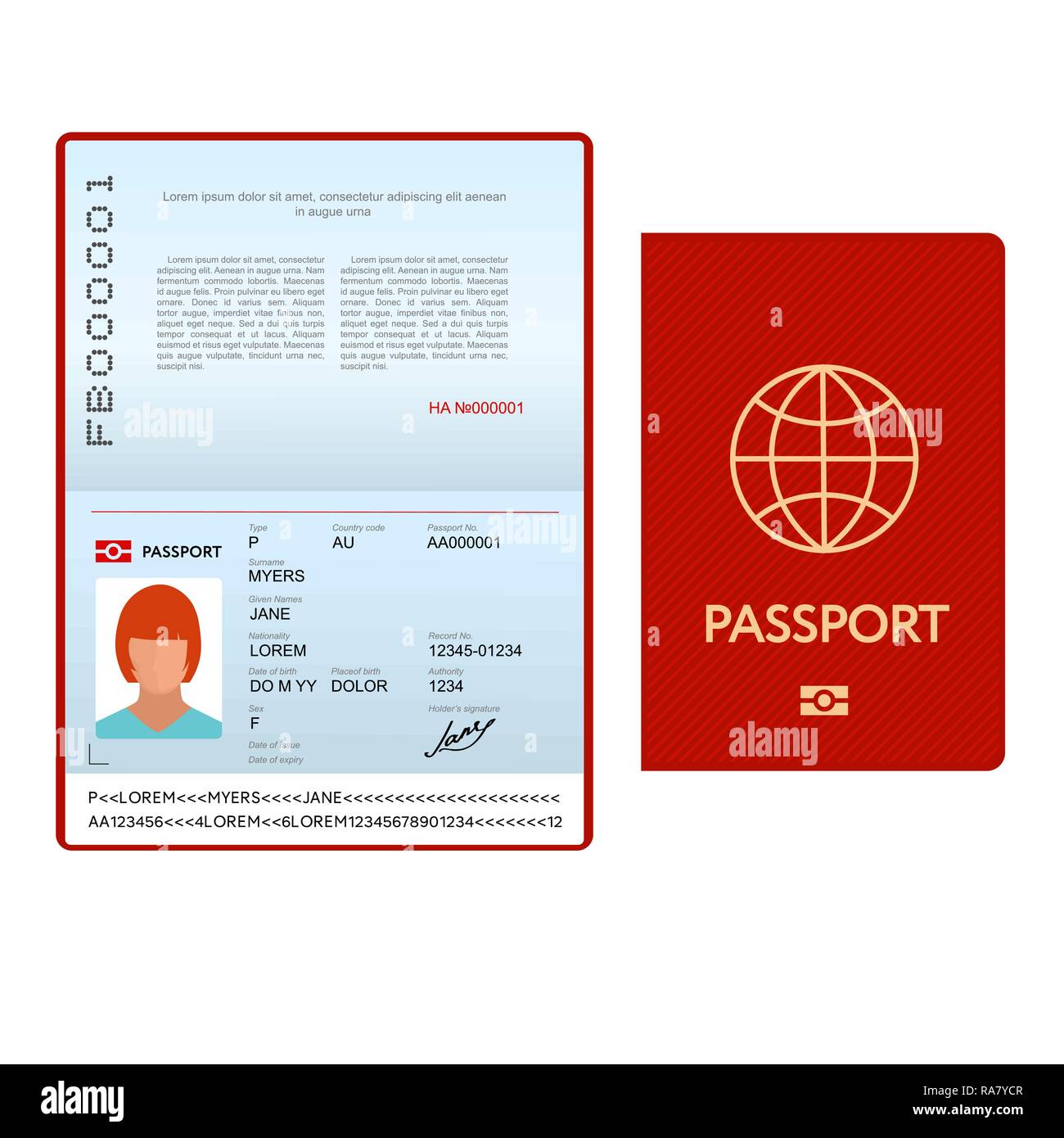 Opened international passport template with red cover Stock Vector