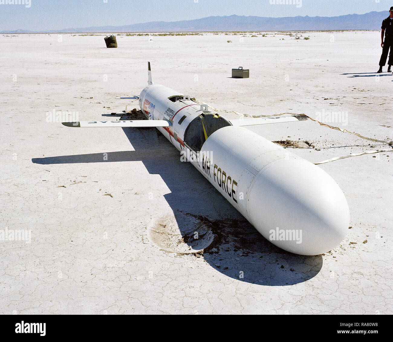 1979 - A close-up view of an AGM-109 Tomahawk air-launched cruise missile on the ground after impact. Stock Photo