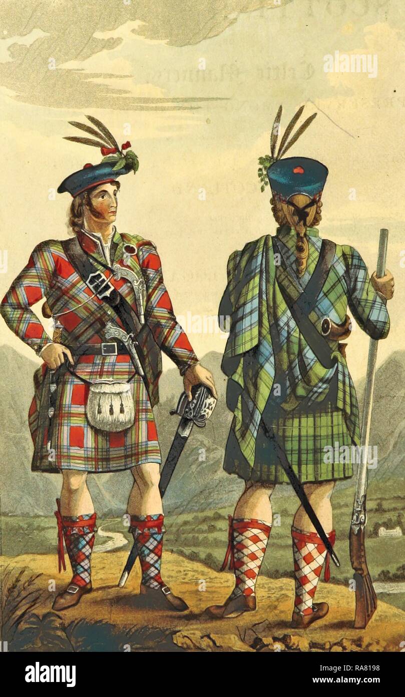highland Chiefs dressed in the Stewart and the Gordon Tartans, The Scottish Gael or Celtic Manners, as preserved reimagined Stock Photo