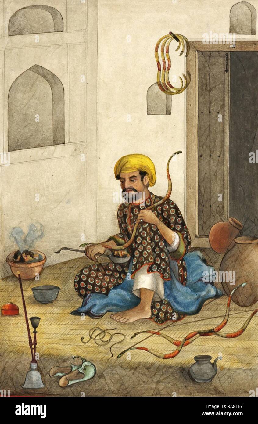 Tashrih al-aqvam, a bowmaker. Shown bending the wood of a bow over a bowl  of embers, Occupational sub-division of reimagined Stock Photo - Alamy