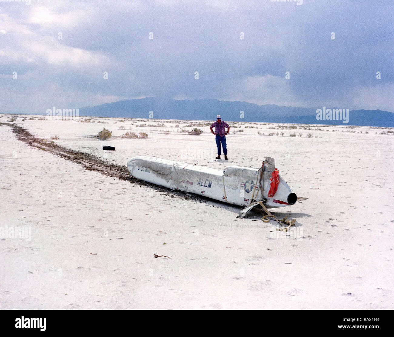 1979 - A close-up view of an AGM-86 air-launched cruise missile on the ground after impact. Stock Photo