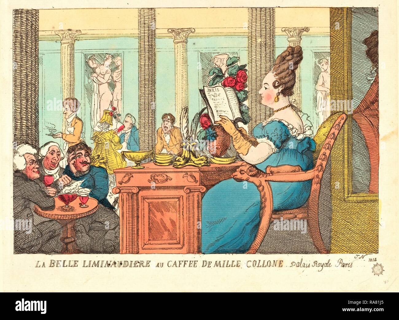 Thomas Rowlandson (British, 1756 - 1827 ), La Belle Limonaudiere au Cafe des Mille Colonnes, Palais Royal, Paris reimagined Stock Photo