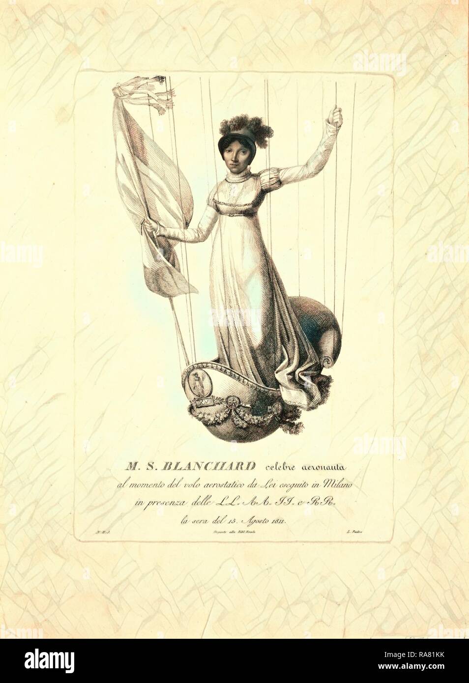 M.S. Blanchard, (Madeleine Sophie Armand) French aeronaut, 19th century engraving. Reimagined by Gibon. Classic art reimagined Stock Photo