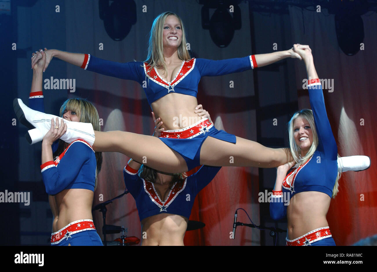 2004 - Cheerleaders from the New England Patriots professional football team perform during an Operation Seasons Greetings concert at Hangar 814 at Royal Air Force Mildenhall, England on Dec.14, 2004. Stock Photo