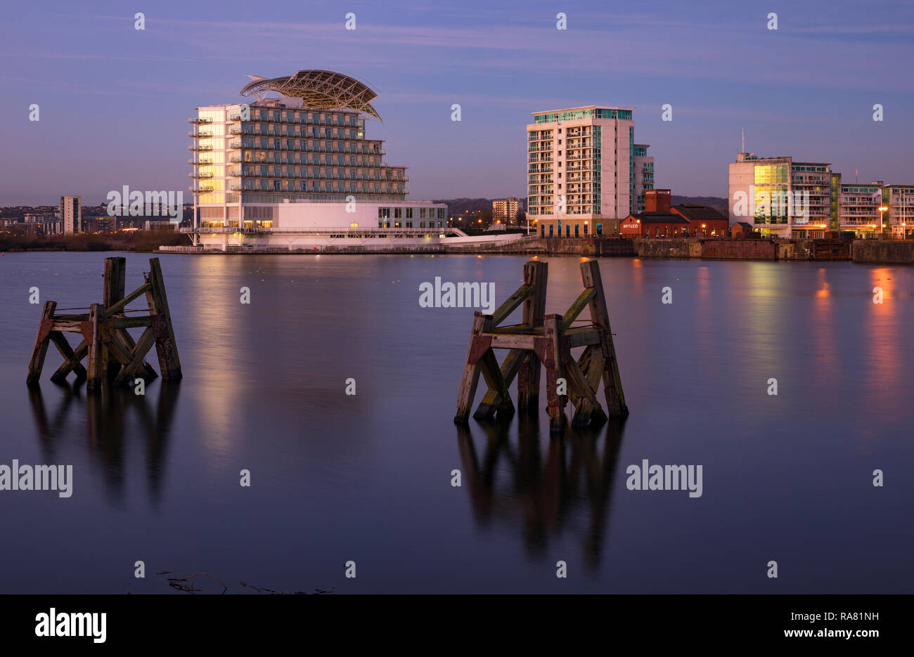 View across Cardiff Bay to St. David's Hotel & Spa and Ocean Reach apartments, Cardiff, Wales, UK Stock Photo