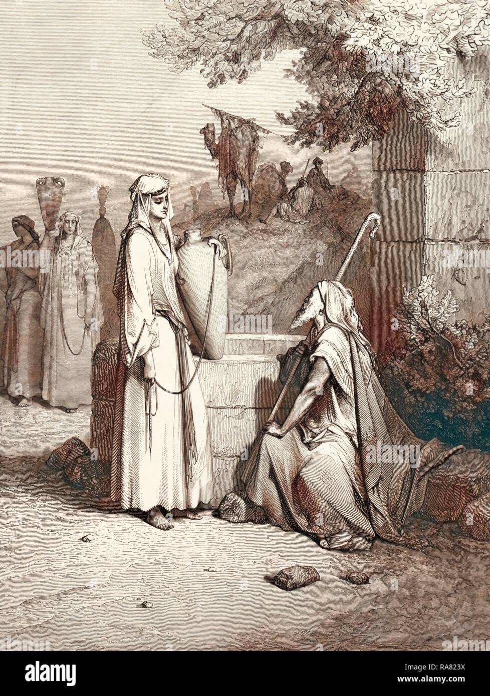 Eliezer and Rebekah, by Gustave Doré, 1832 1883, French. Engraving