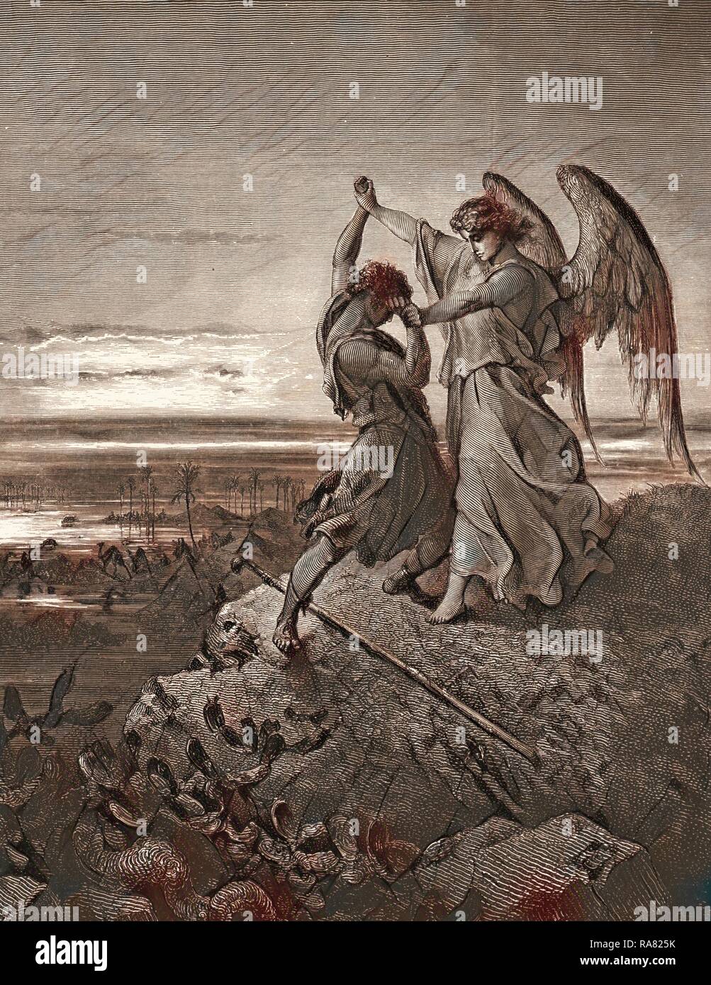 Jacob Wrestling with the Angel, by Gustave Doré, 1832 1883, French. Engraving for the Bible