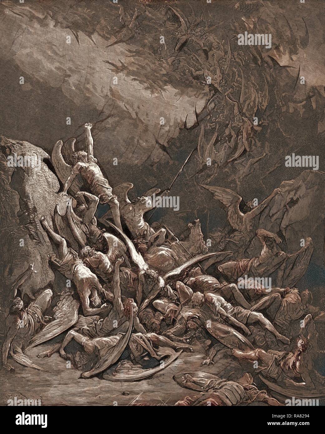 The Fall of the Rebel Angels, by Gustave Dore, 1832 - 1883, French. Engraving for Paradise Lost by Milton. 1870, Art reimagined Stock Photo