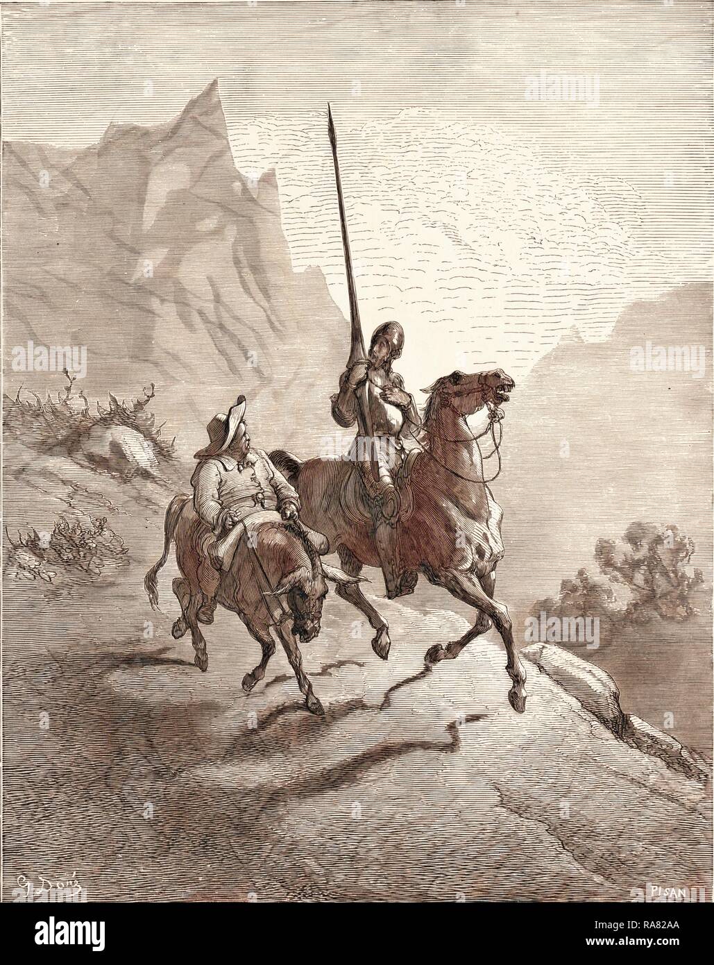 Don Quixote and Sancho Setting Out, by Gustave Dore, 1832 - 1883, French. Engraving for Don Quixote by Miguel De reimagined Stock Photo