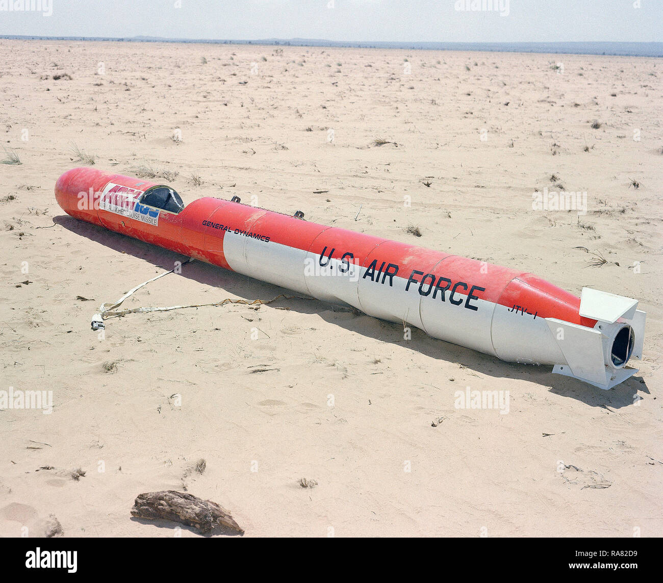 1979 - A rear view of an AGM-109 Tomahawk air-launched cruise missile on the ground after the impact. Stock Photo